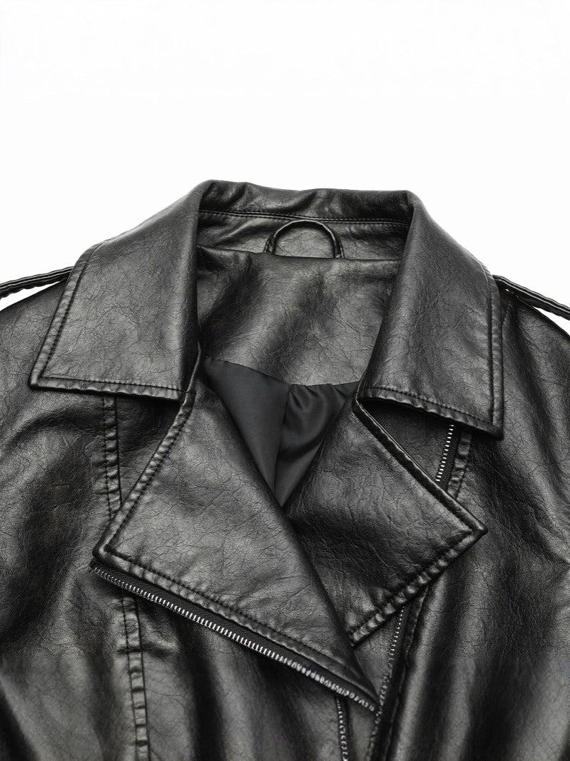 Women's PU Leather Motorcycle Jacket – Slim Fit Biker Jacket with Lapel Collar, Zippers and Epaulettes