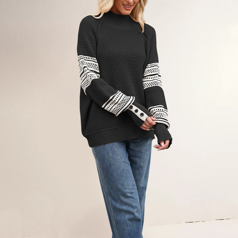 Women's Jacquard Knit Sweater – Half-High Neck Loose Pullover