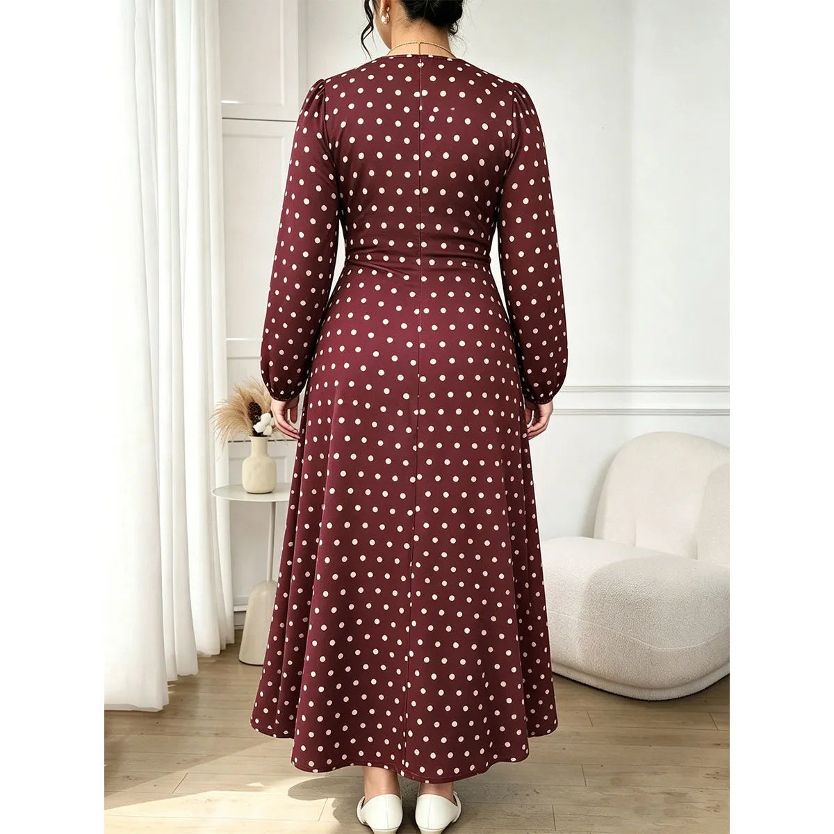 Women's Plus Size V-Neck Polka Long Sleeve Maxi Dress
