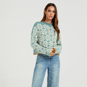 Women's Color Block Knit Sweater – Round Neck Loose Fit Pullover