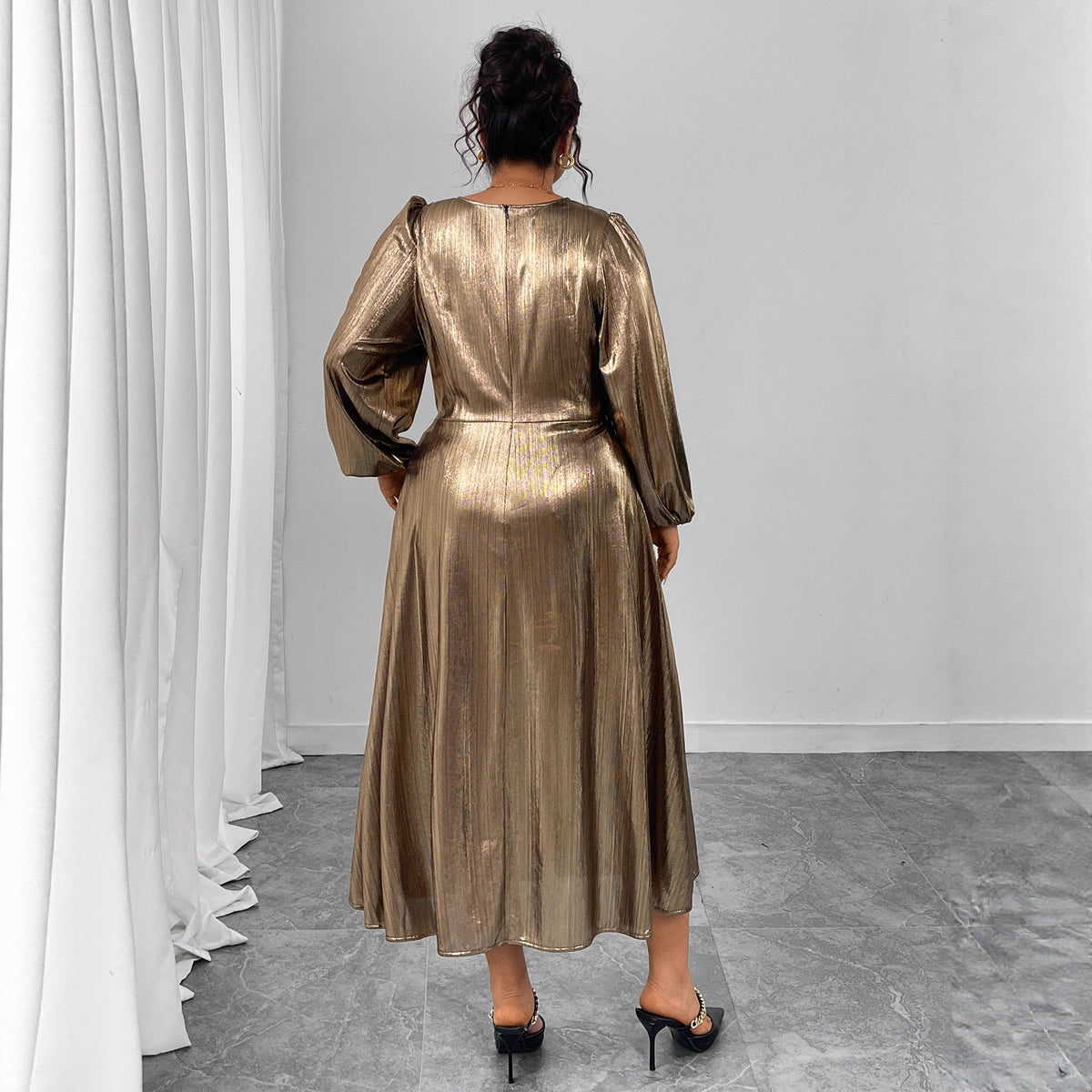 Metallic Gold V-Neck Maxi Dress Plus Size