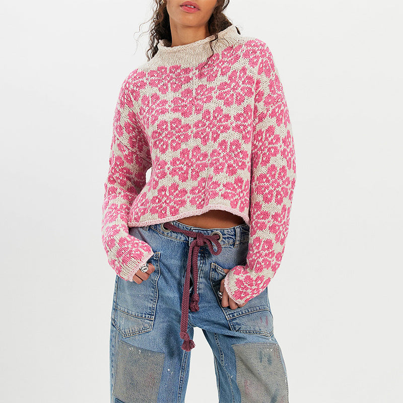 Women's Color Block Knit Sweater – Round Neck Loose Fit Pullover