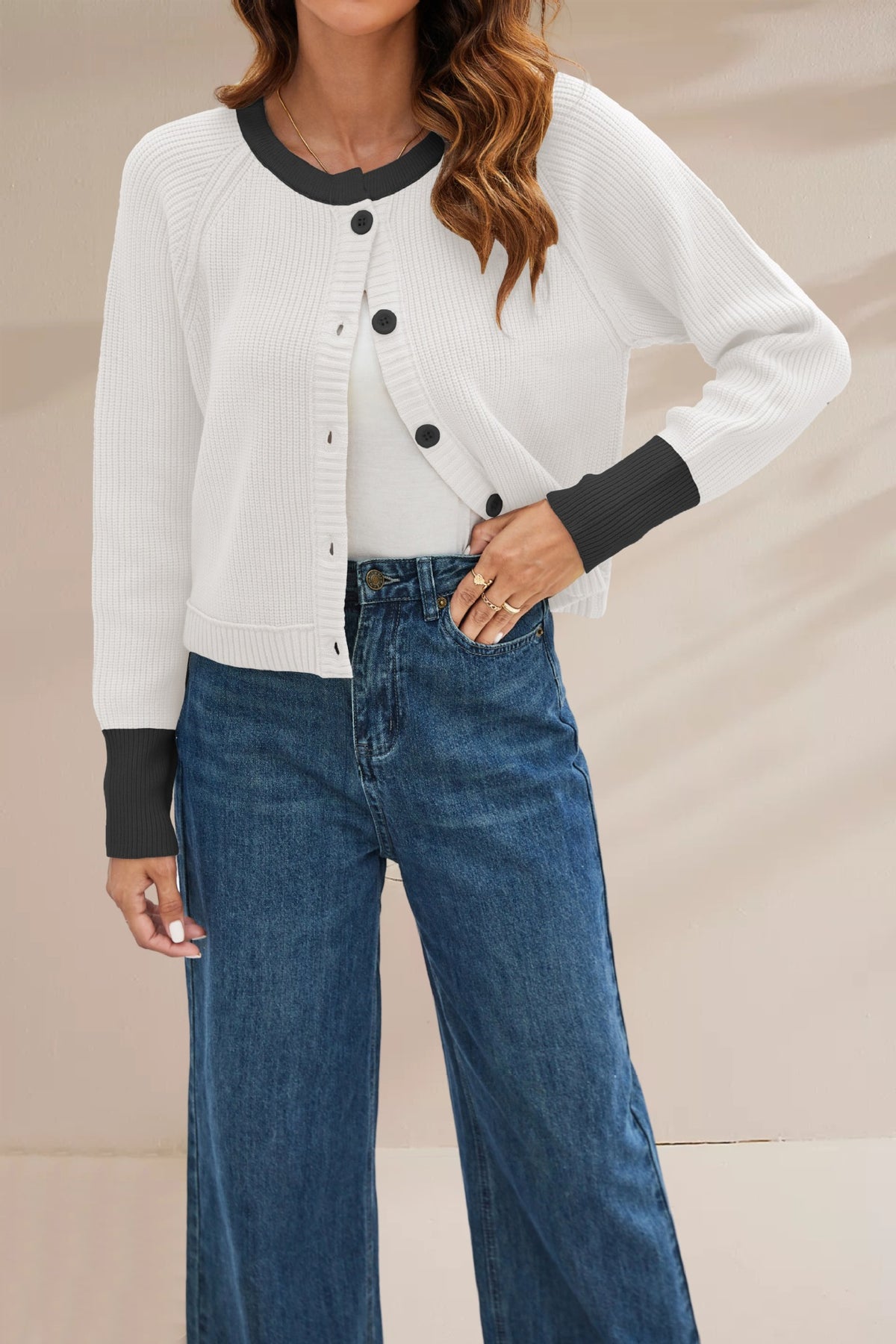 Women's Color Block Knit Cardigan – Round Neck Button Slim Fit Sweater
