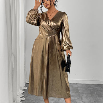 Metallic Gold V-Neck Maxi Dress Plus Size