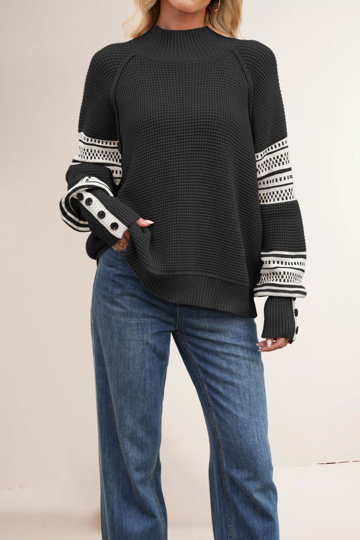 Women's Jacquard Knit Sweater – Half-High Neck Loose Pullover