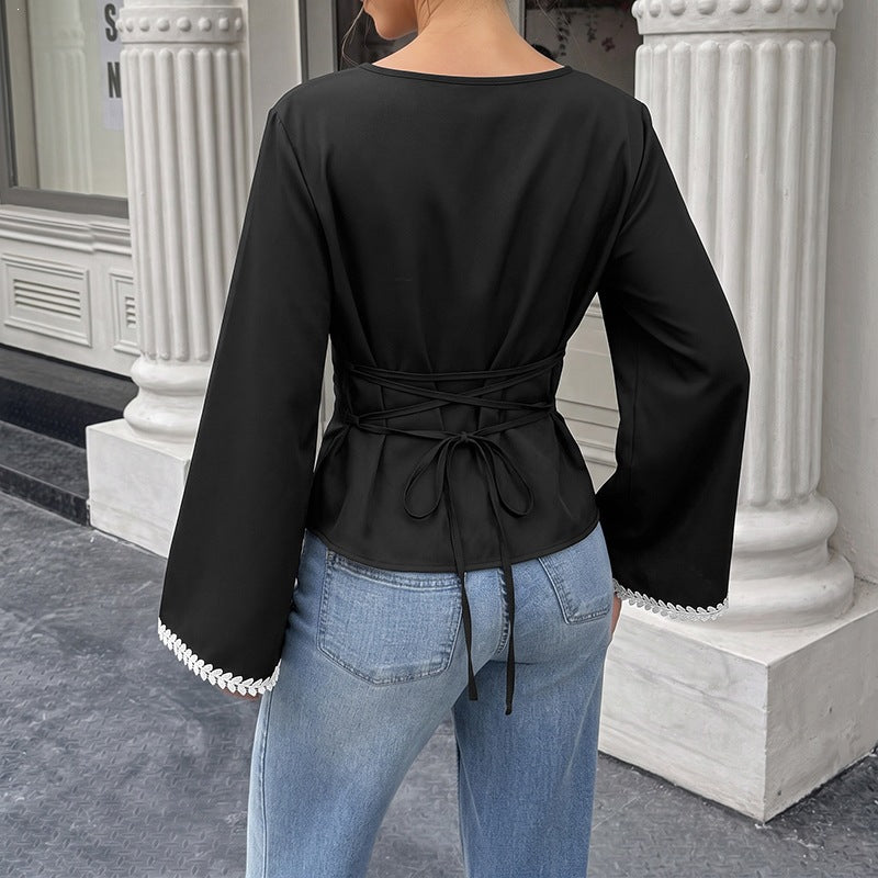 Women's A-Line Blouse – Boat Neck Bell Sleeve Top with Contrast Collar and Floral Lace Trim