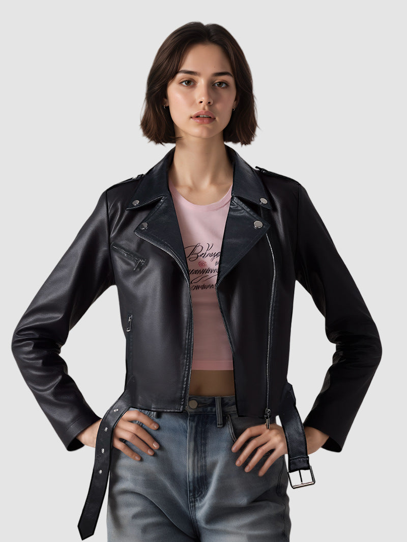 Women's Belted Faux Leather Moto Jacket