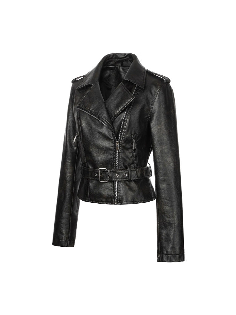 Women's PU Leather Motorcycle Jacket – Slim Fit Biker Jacket with Lapel Collar, Zippers and Epaulettes