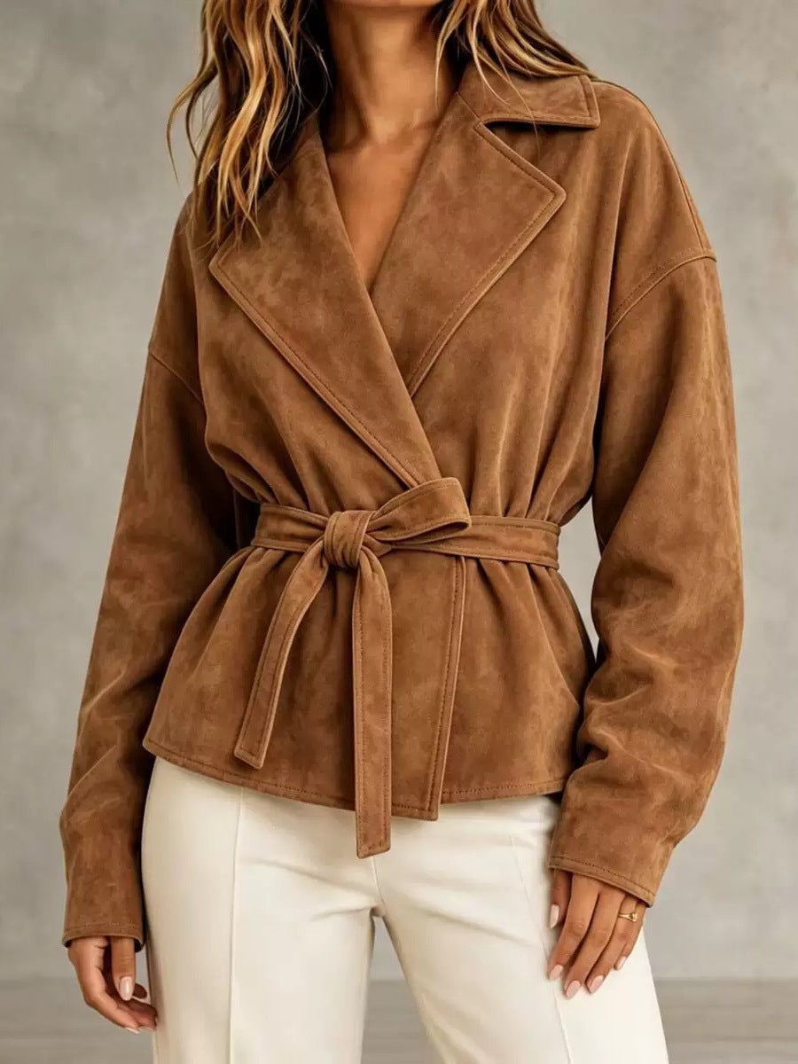 Women's Suede Belted Short Coat – Turn-Down Collar Long Sleeve Jacket