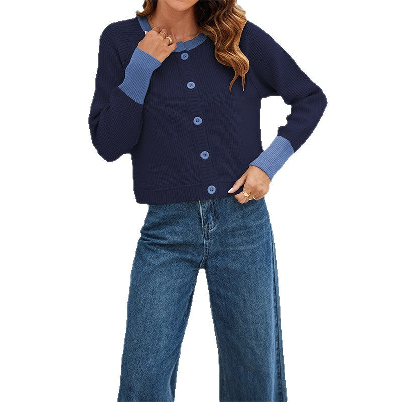 Women's Color Block Knit Cardigan – Round Neck Button Slim Fit Sweater