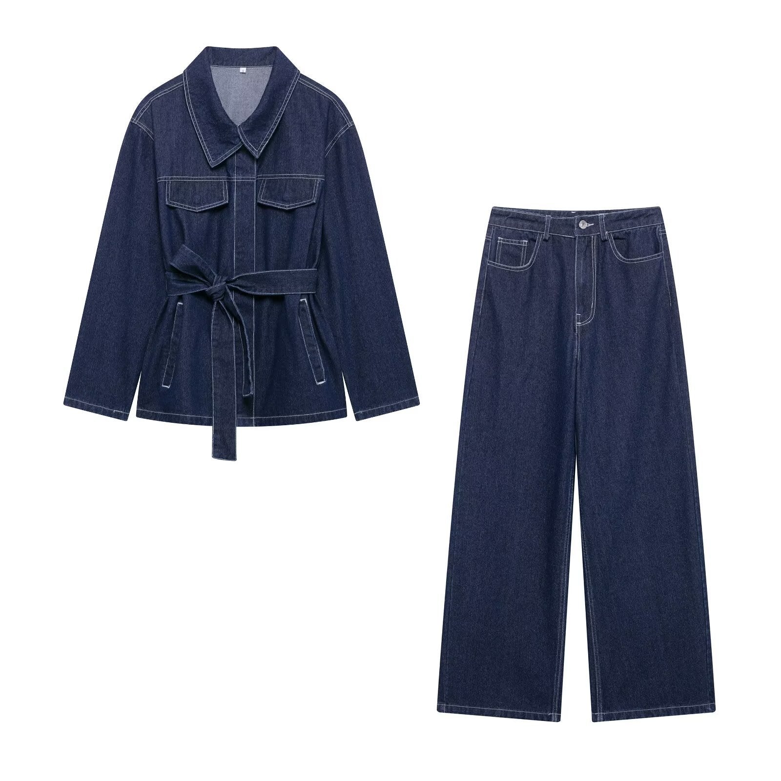 Women's Denim Jacket and Wide-Leg Trousers Set