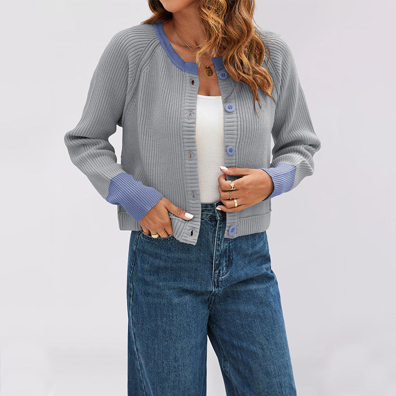 Women's Color Block Knit Cardigan – Round Neck Button Slim Fit Sweater