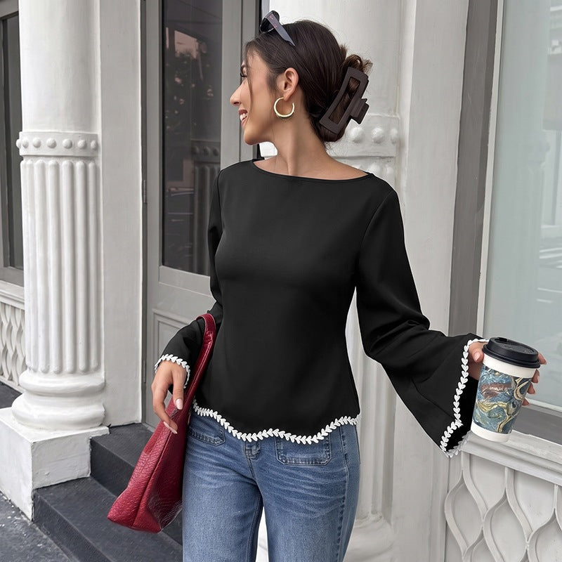 Women's A-Line Blouse – Boat Neck Bell Sleeve Top with Contrast Collar and Floral Lace Trim