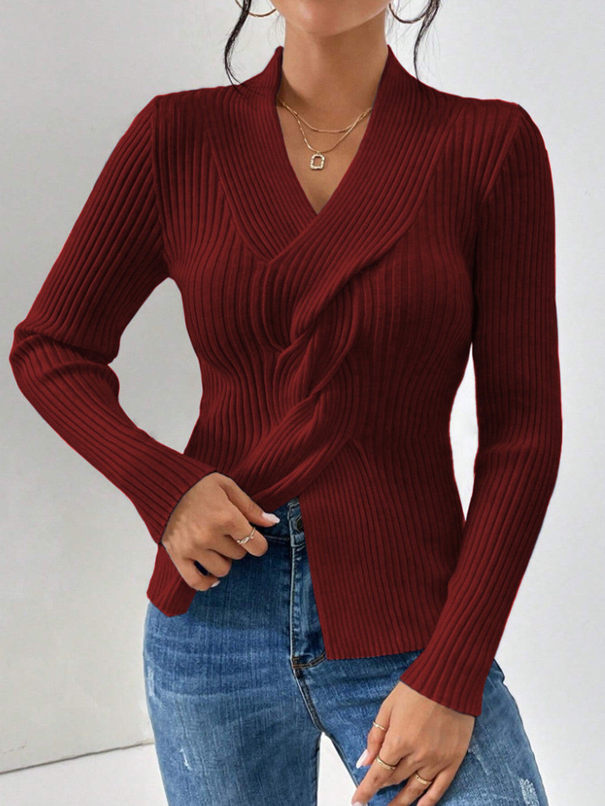 Women's Ribbed Knit V-Neck Sweater – Slim Fit Long Sleeve Pullover