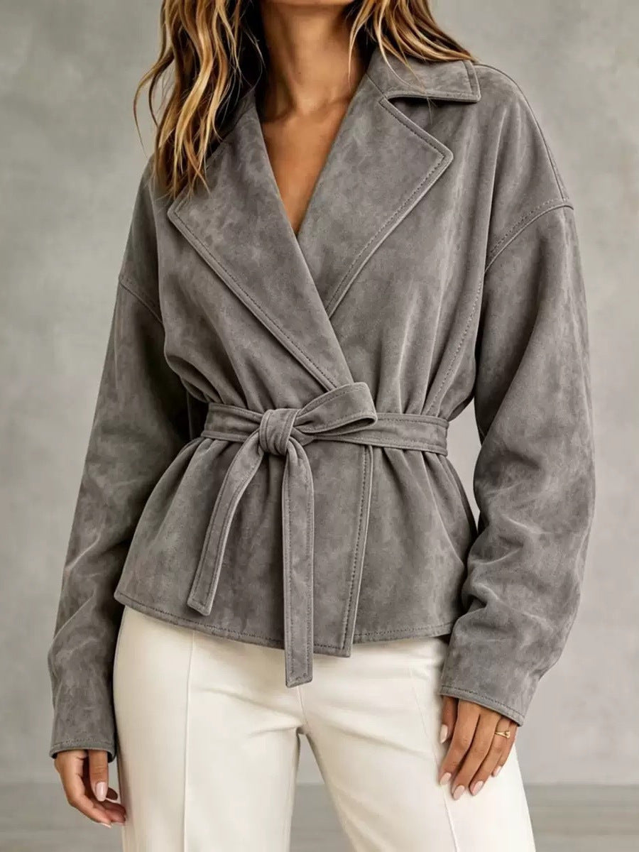 Women's Suede Belted Short Coat – Turn-Down Collar Long Sleeve Jacket