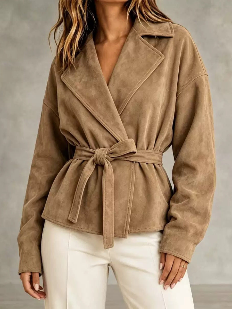 Women's Suede Belted Short Coat – Turn-Down Collar Long Sleeve Jacket