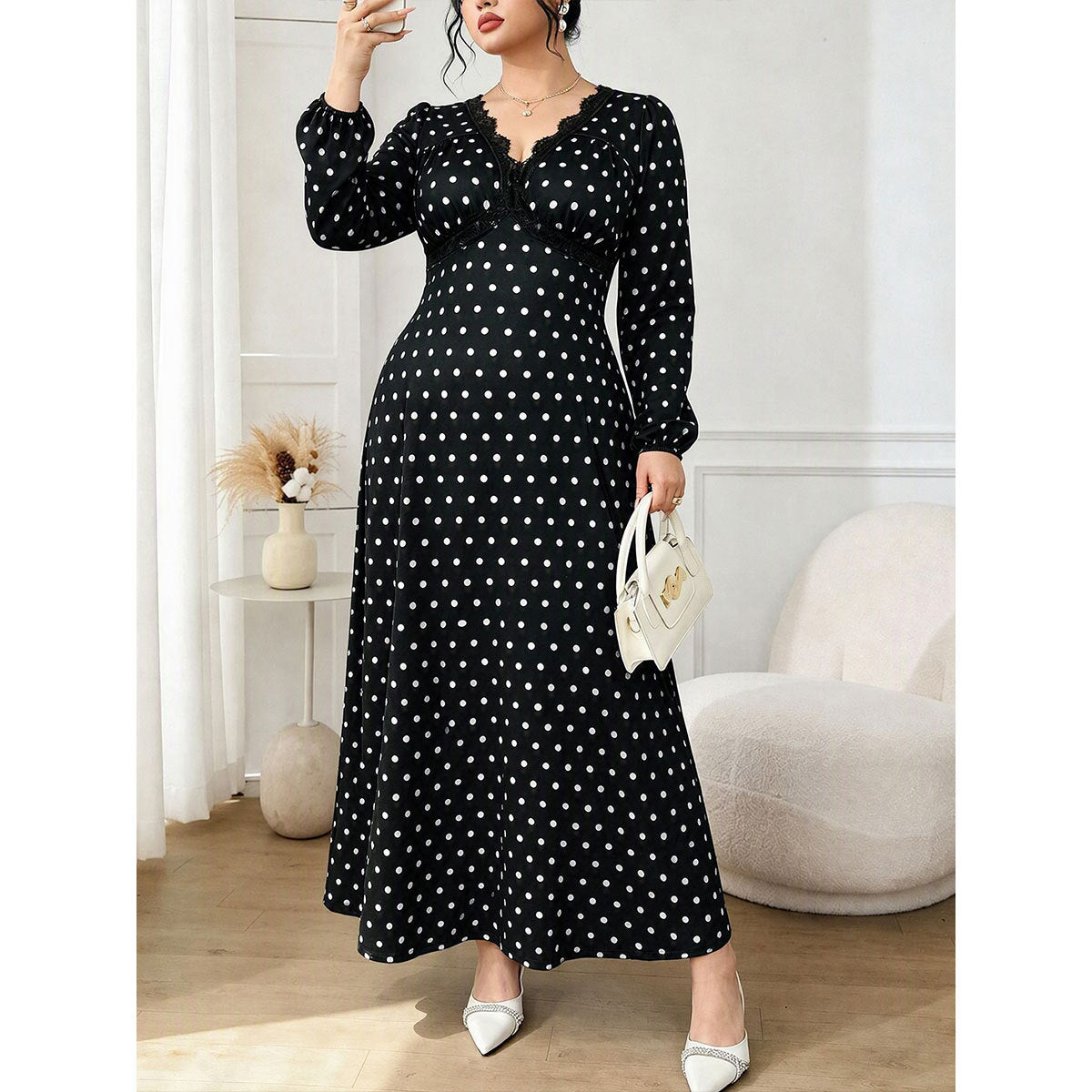 Women's Plus Size V-Neck Polka Long Sleeve Maxi Dress