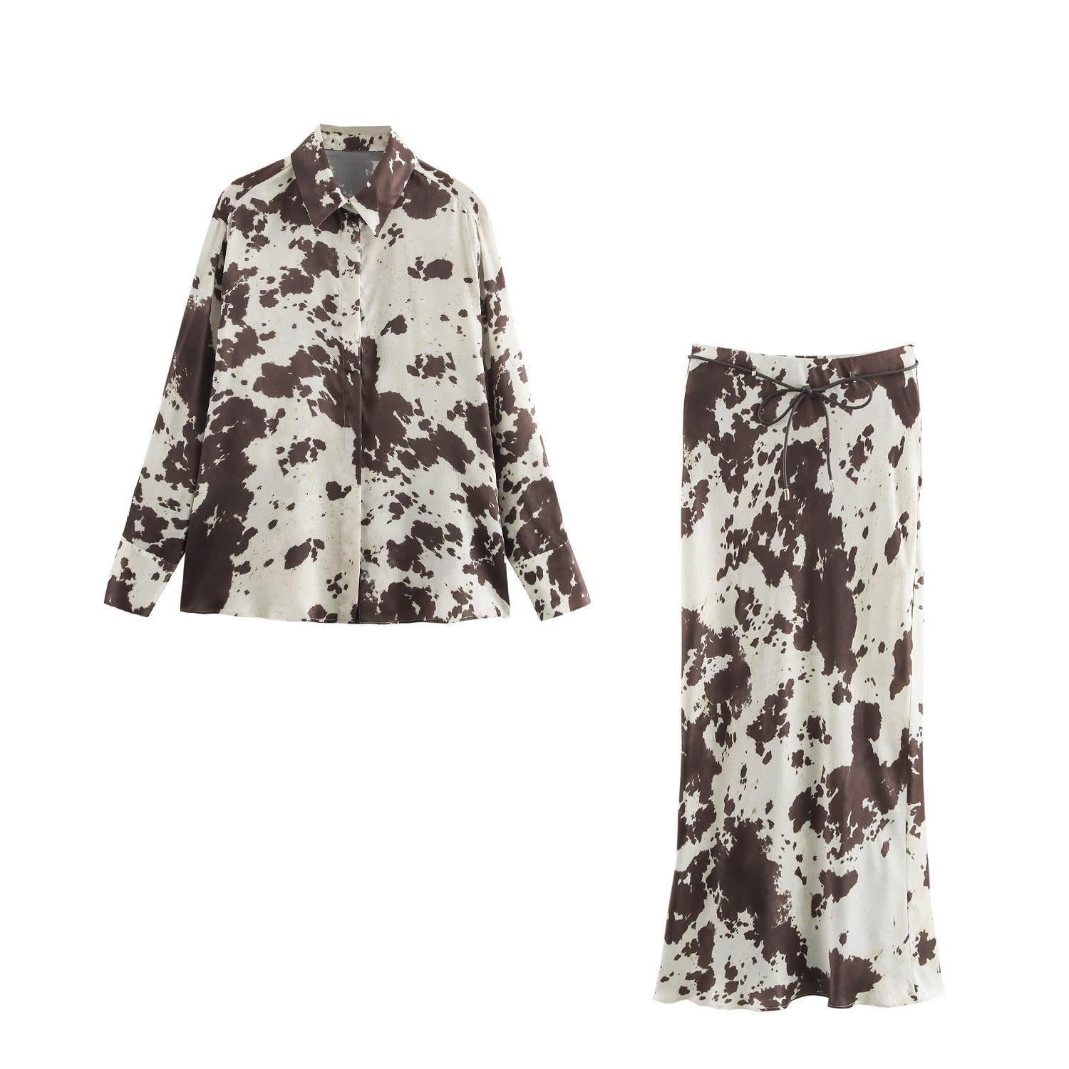Animal Print Loose Shirt and High Waist Midi Skirt Suit