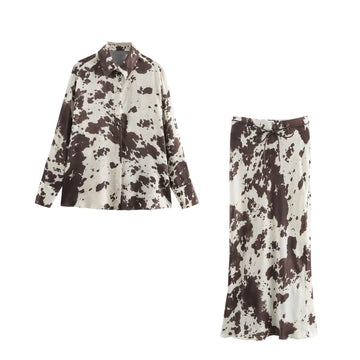 Animal Print Loose Shirt and High Waist Midi Skirt Suit