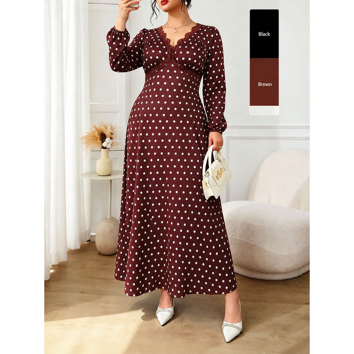Women's Plus Size V-Neck Polka Long Sleeve Maxi Dress