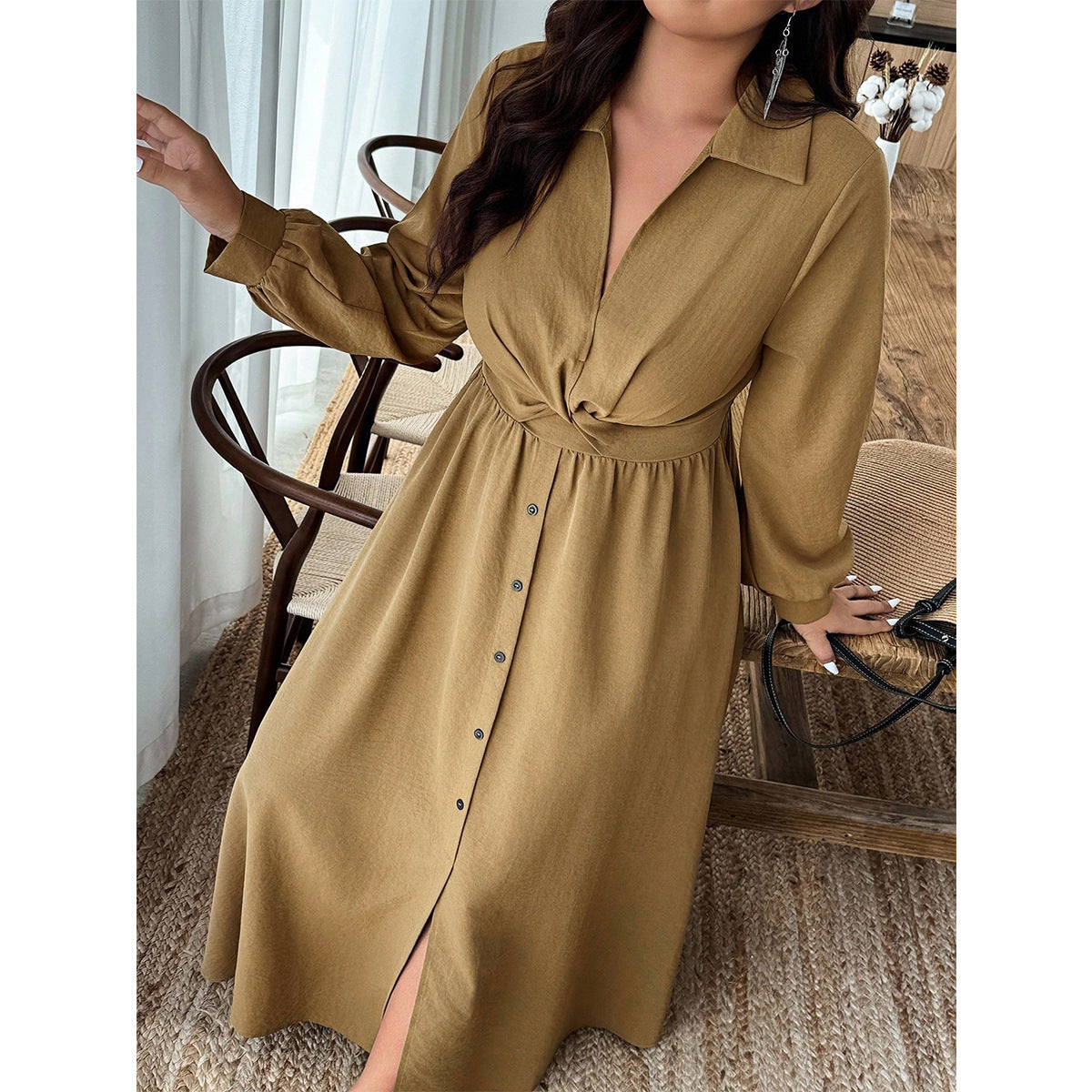 Women's Plus Size Camel V-Neck High Waist Maxi Dress