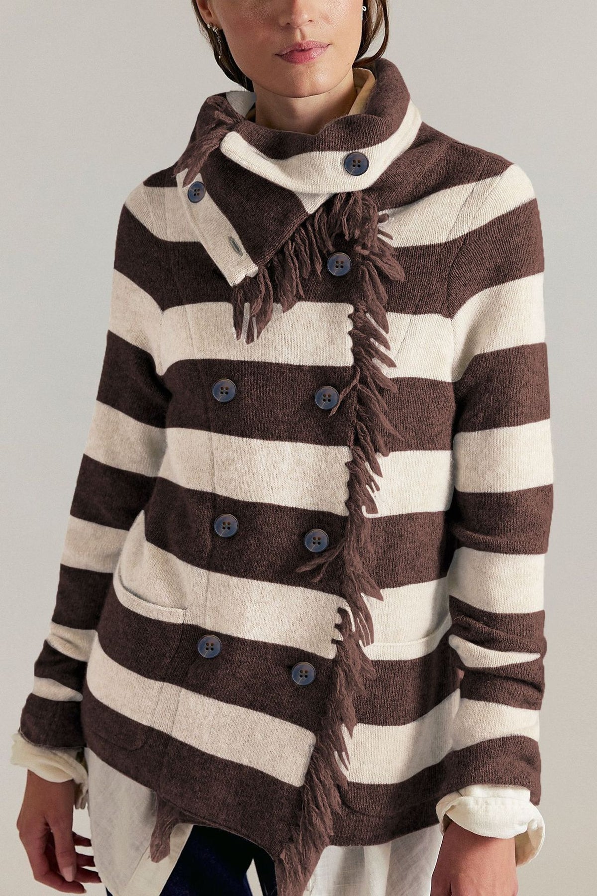 Women's Striped Knit Cardigan – Stand Collar Loose Fit Sweater Jacket