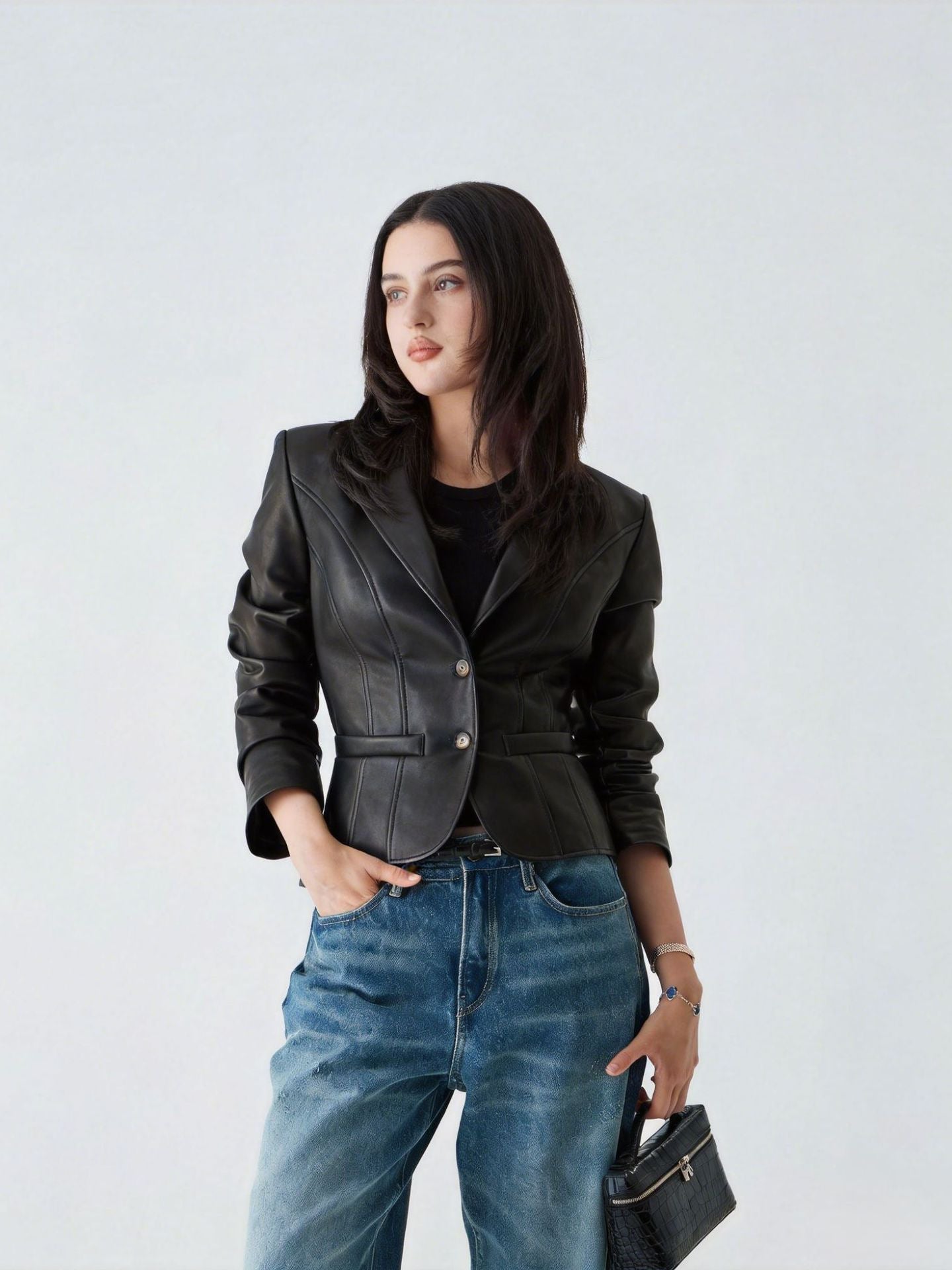Women's Black Faux Leather Lapel Jacket