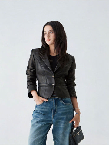 Women's Black Faux Leather Lapel Jacket