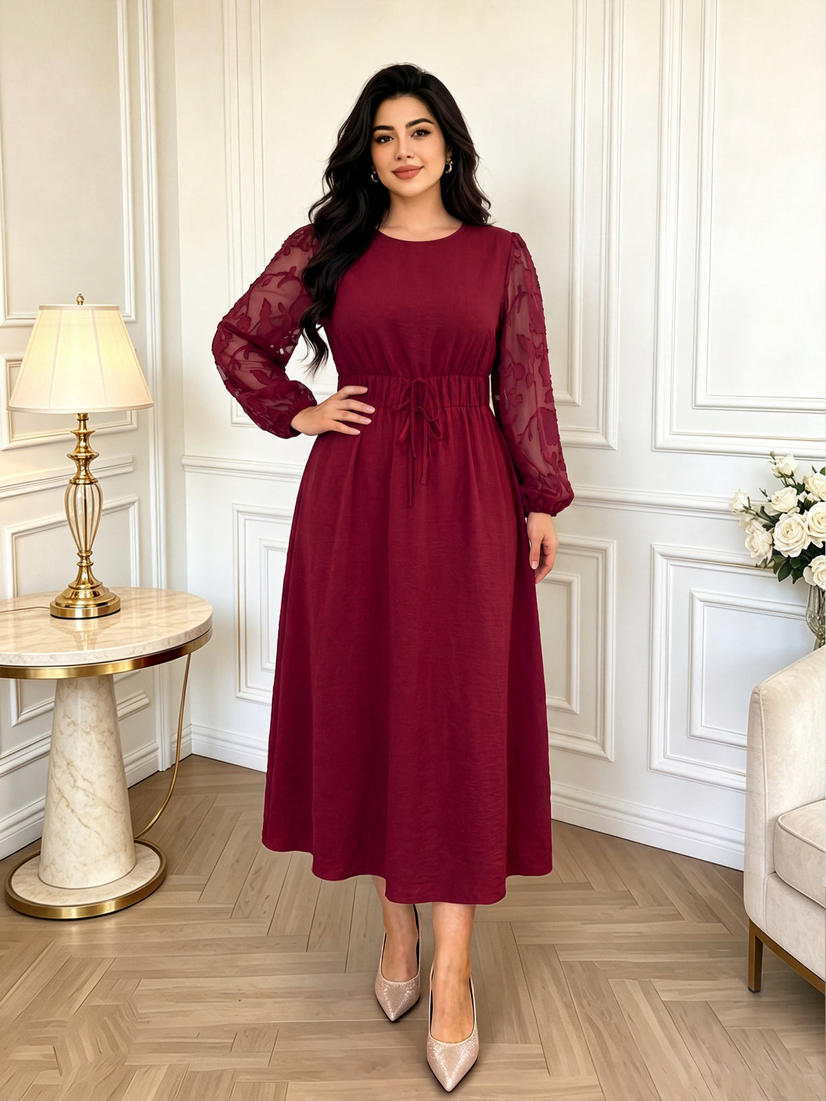 Women's Plus Size Chiffon Red Dress Bubble Sleeves