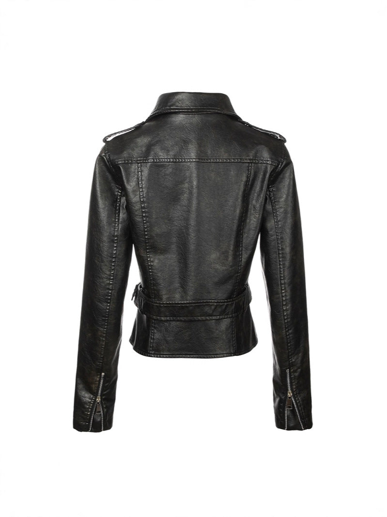 Women's PU Leather Motorcycle Jacket – Slim Fit Biker Jacket with Lapel Collar, Zippers and Epaulettes