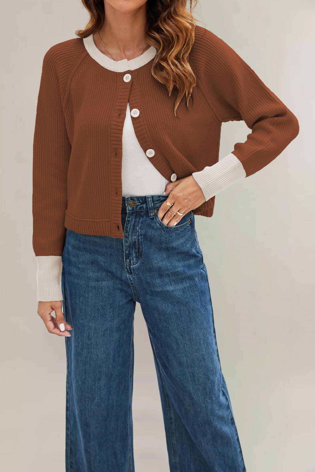 Women's Color Block Knit Cardigan – Round Neck Button Slim Fit Sweater