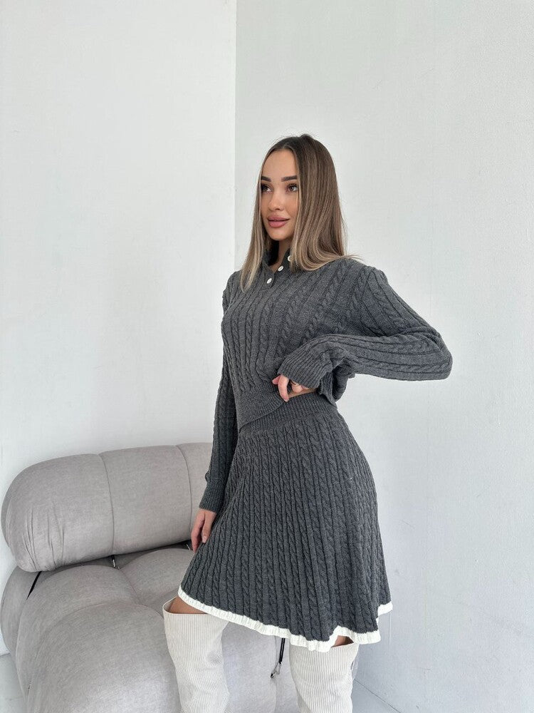 Casual Long-Sleeve Knitted Sweater and Short Skirt Set