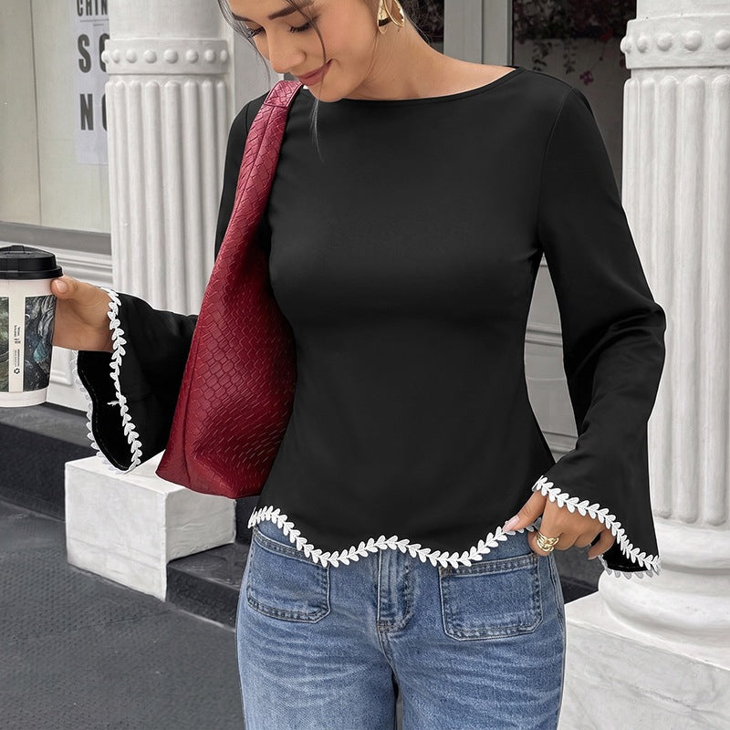 Women's A-Line Blouse – Boat Neck Bell Sleeve Top with Contrast Collar and Floral Lace Trim