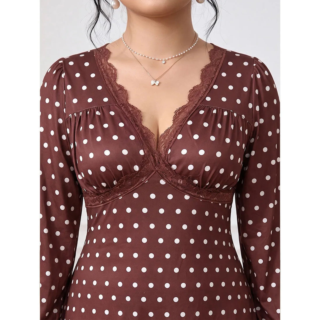 Women's Plus Size V-Neck Polka Long Sleeve Maxi Dress