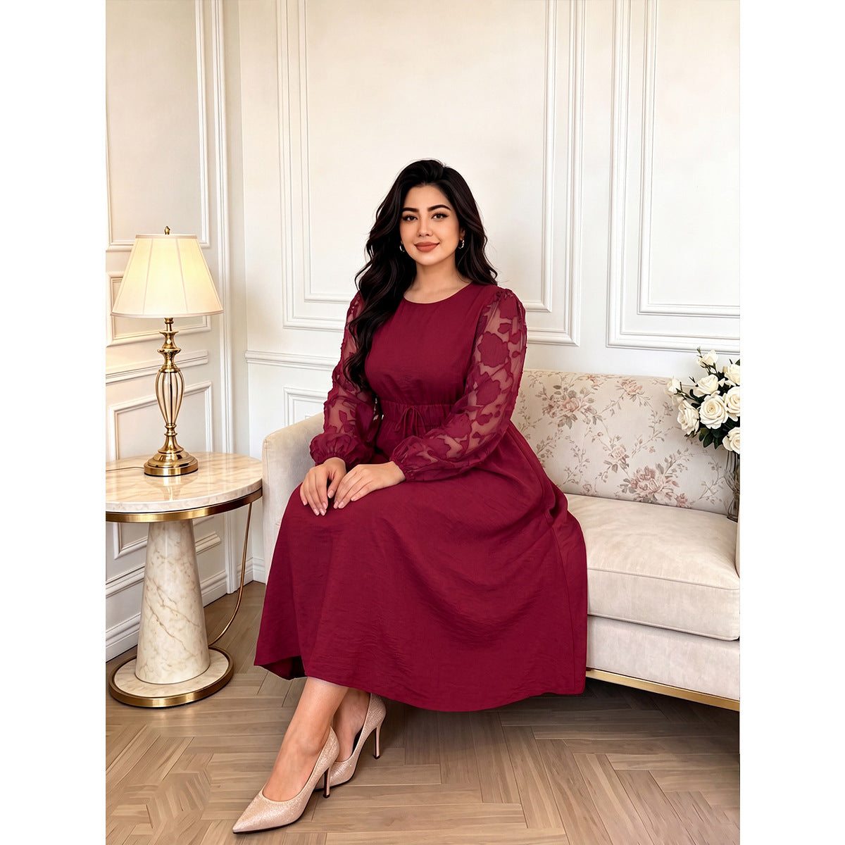 Women's Plus Size Chiffon Red Dress Bubble Sleeves