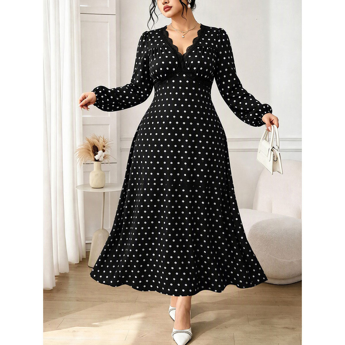 Women's Plus Size V-Neck Polka Long Sleeve Maxi Dress