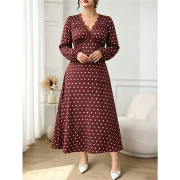 Women's Plus Size V-Neck Polka Long Sleeve Maxi Dress