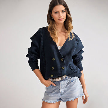 Women's V-Neck Knit Cardigan – Long Sleeve Button-Front Loose Sweater