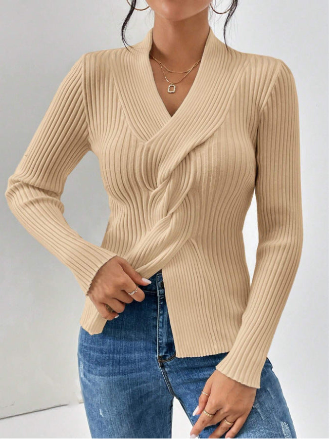 Women's Ribbed Knit V-Neck Sweater – Slim Fit Long Sleeve Pullover