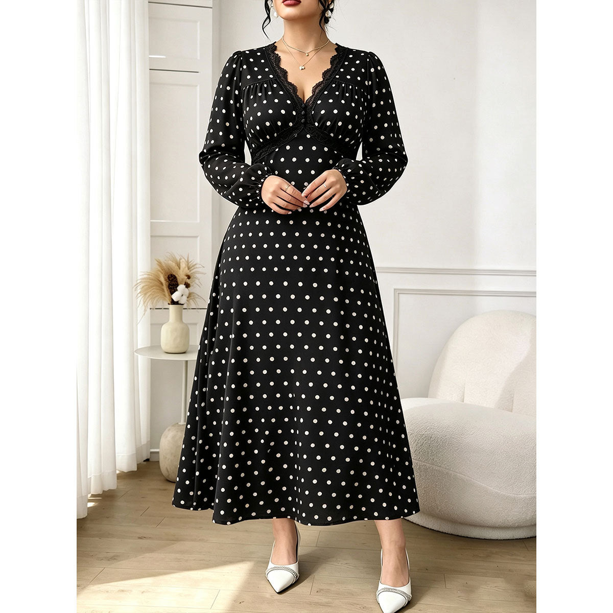 Women's Plus Size V-Neck Polka Long Sleeve Maxi Dress