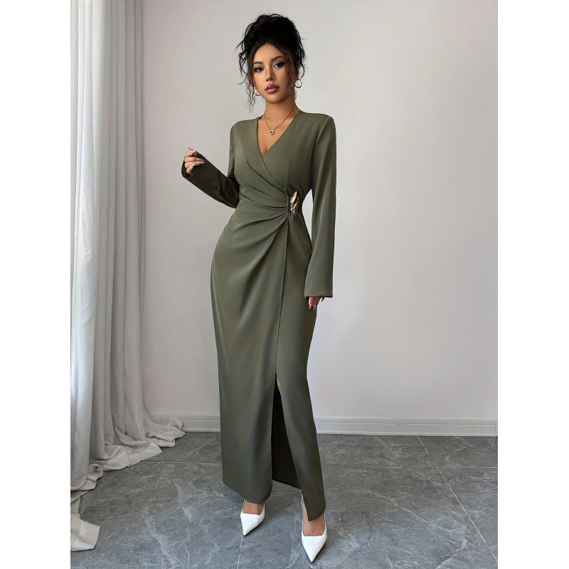 Women's Green V-Neck Long Sleeve Wedding Guest Dress