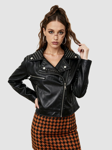 Women's Black Studded Faux Leather Moto Jacket
