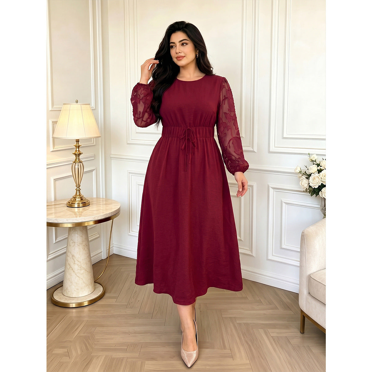 Women's Plus Size Chiffon Red Dress Bubble Sleeves