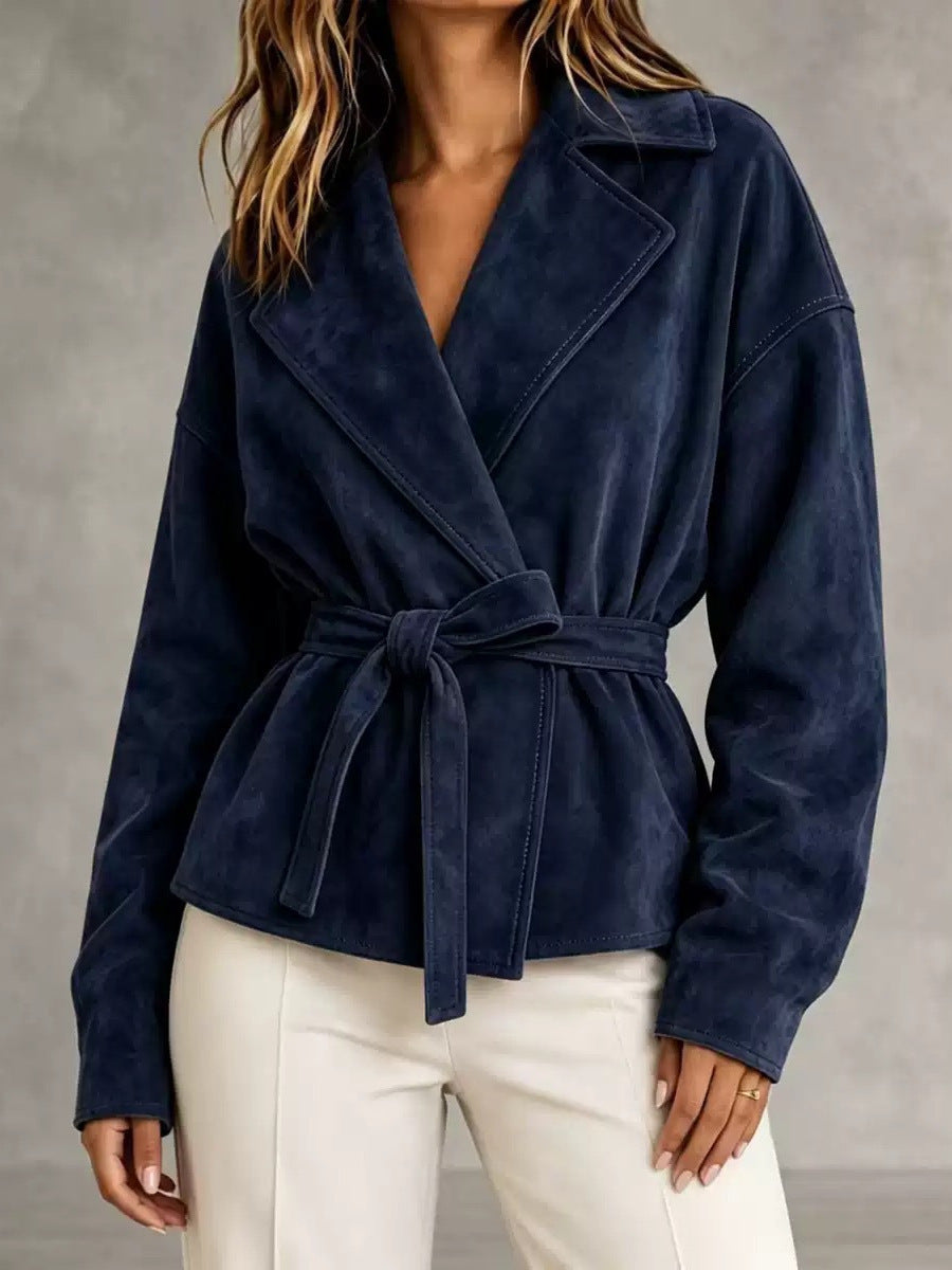 Women's Suede Belted Short Coat – Turn-Down Collar Long Sleeve Jacket