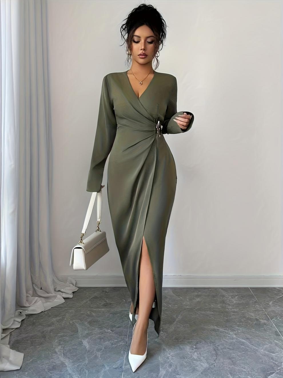 Women's Green V-Neck Long Sleeve Wedding Guest Dress