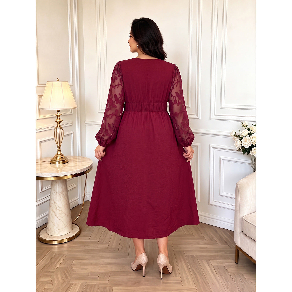 Women's Plus Size Chiffon Red Dress Bubble Sleeves