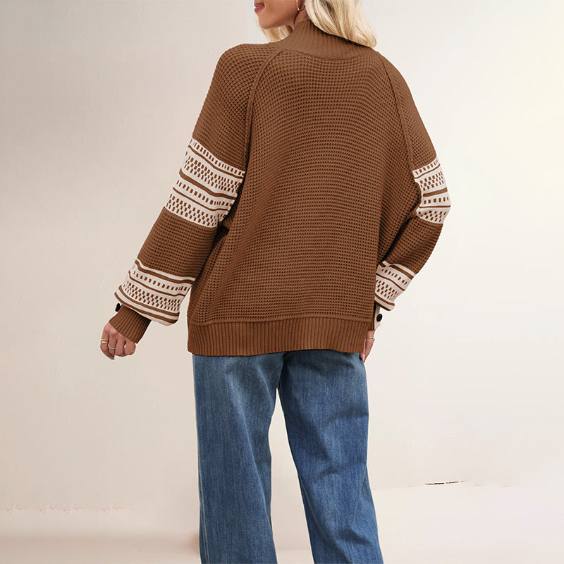 Women's Jacquard Knit Sweater – Half-High Neck Loose Pullover