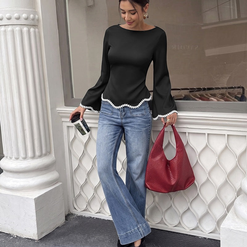 Women's A-Line Blouse – Boat Neck Bell Sleeve Top with Contrast Collar and Floral Lace Trim