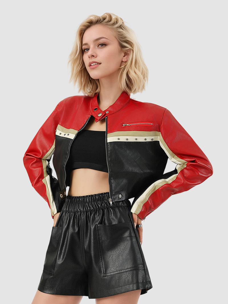 Women's Red Cropped Faux Leather Biker Jacket