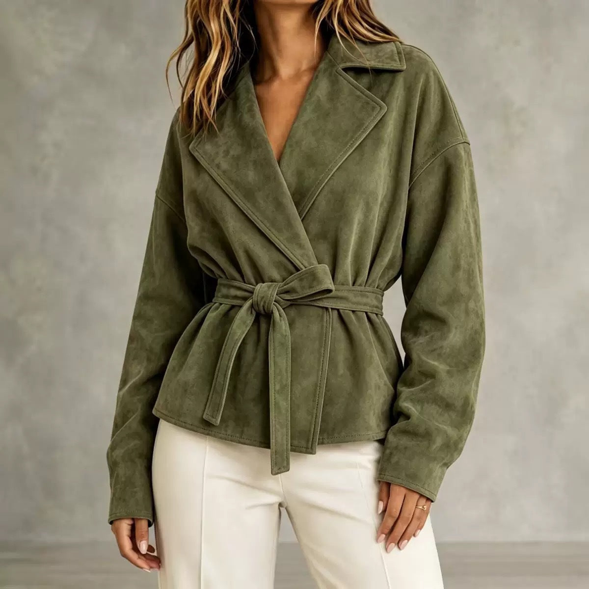 Women's Suede Belted Short Coat – Turn-Down Collar Long Sleeve Jacket